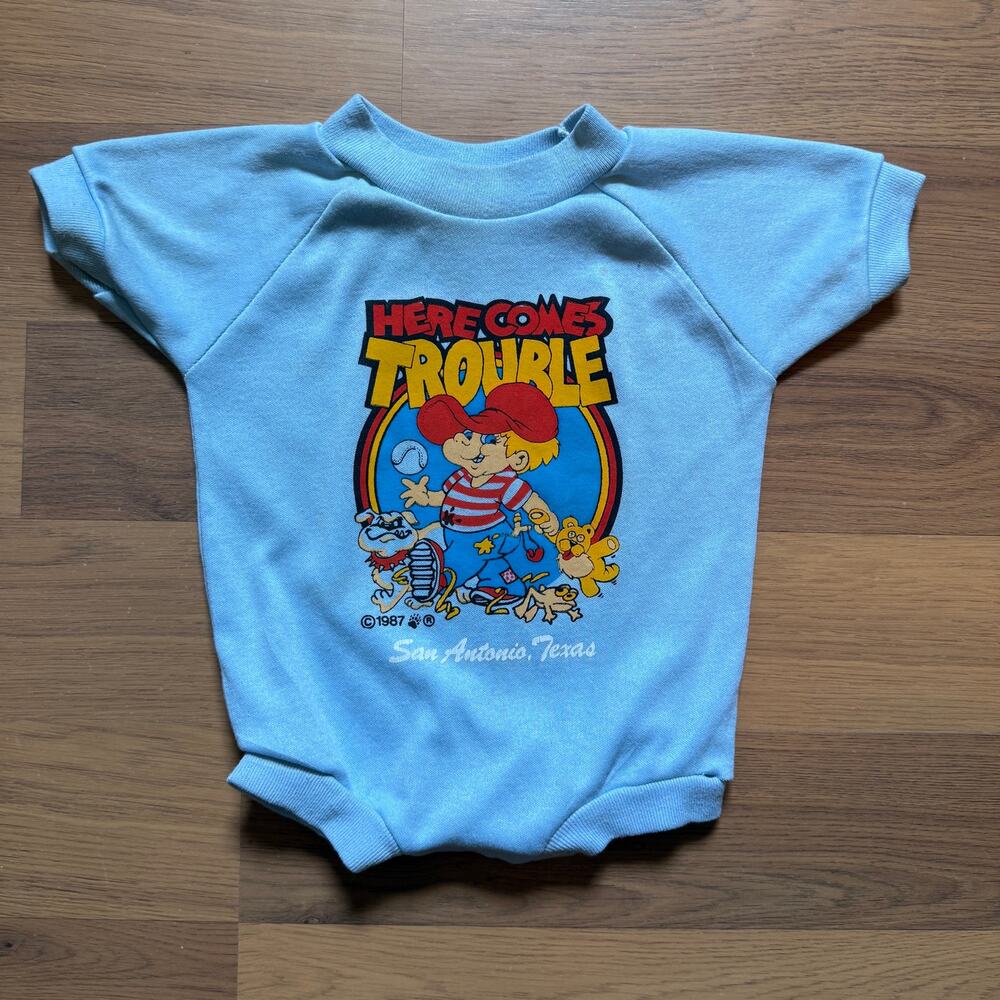 Baby Toddlers Vintage 1987 Here Comes Trouble San Antonio Baseball Romper Sz 12M